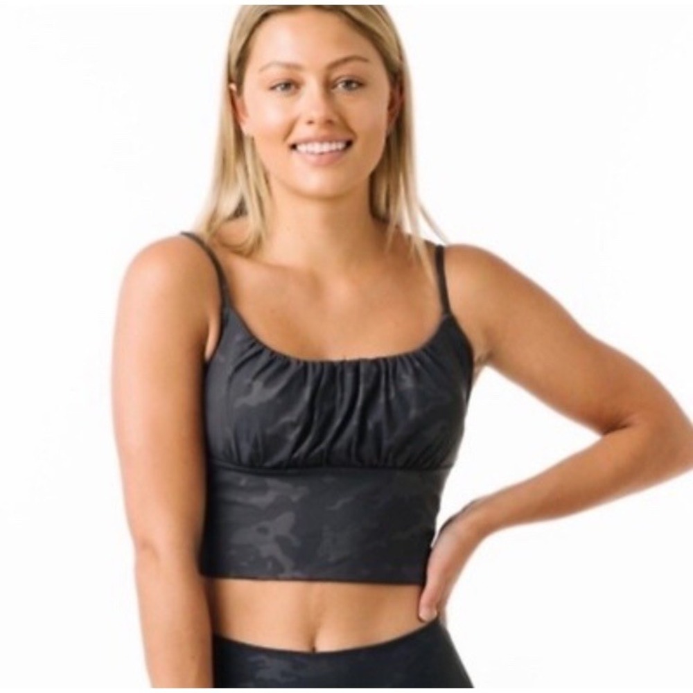 Zyia Battleship Camo Luxe Ruched Sports Bra Womens Small Gray Workout Gym Yoga‎
